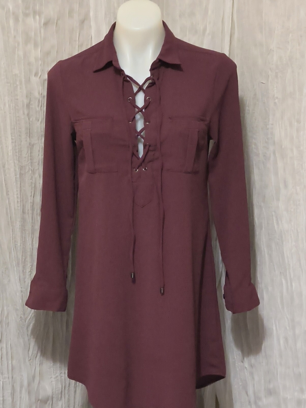 Charlotte Russe Lace-Up Long Sleeve Tunic Dress in Burgundy